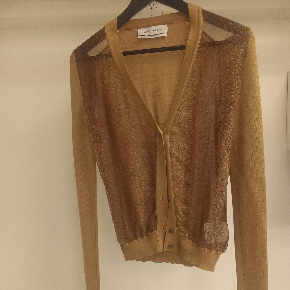 Yves Saint Laurent Sheer Tan V-Neck Cardigan - Picture 2 of 8